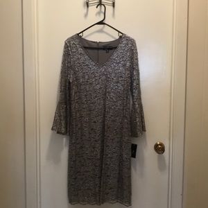 Silver, long sleeve lace dress, new with tags